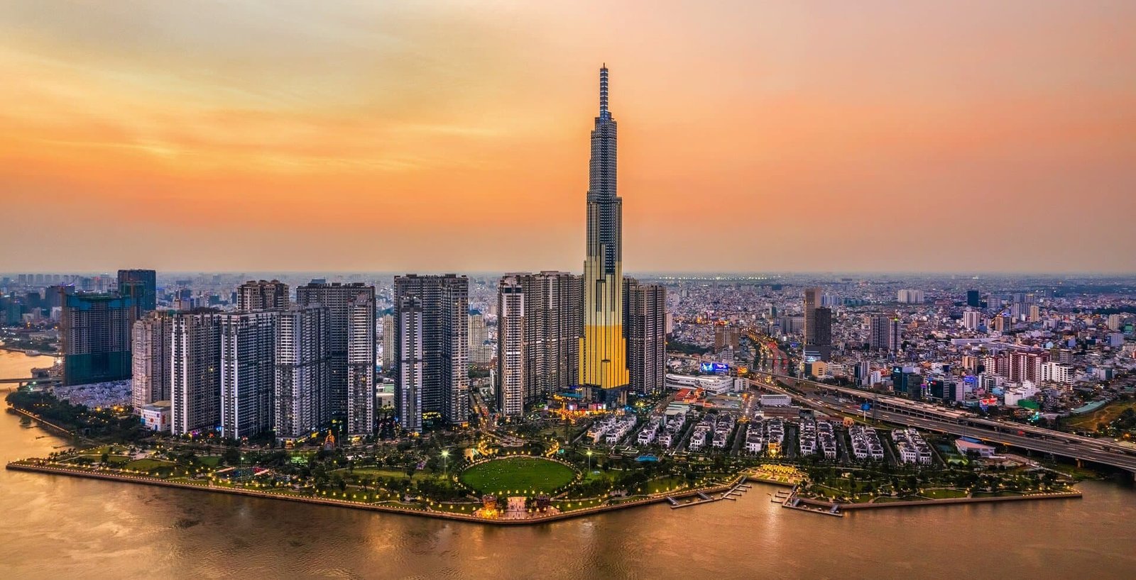 Landmark 81 and the Saigon River skyline at dusk, Ho Chi Minh City